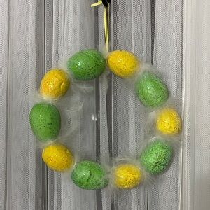 Easter Egg Wreath in Green & Yellow With Feathers in Between